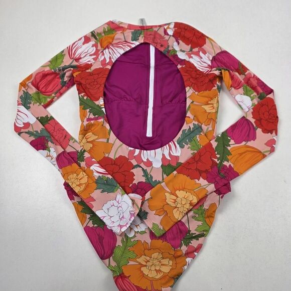 Trina Turk Swimsuit Womens Medium Floral Long Sleeve Rash Guard Pink Orange‎ Zip - Picture 10 of 12